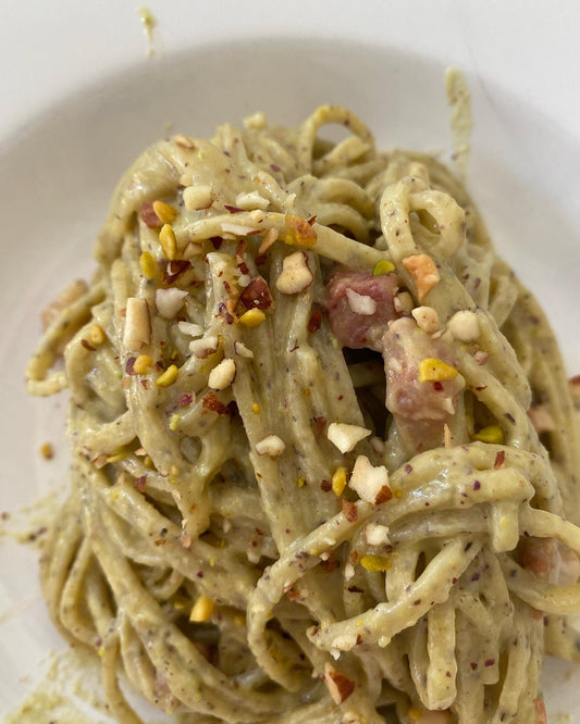 Pistachio Pesto and Pancetta Spaghetti